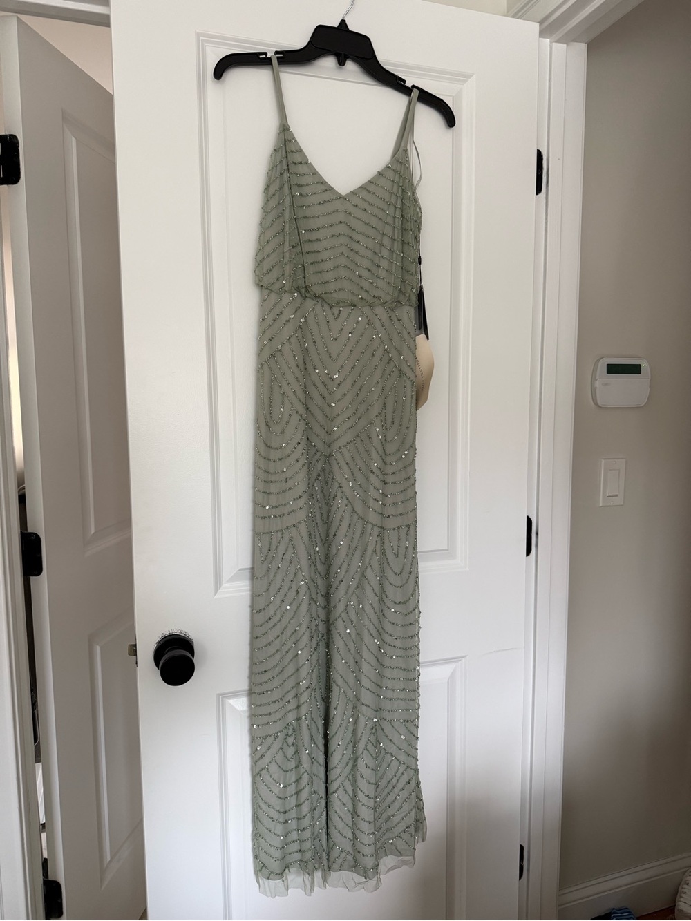 Adrianna Papell Beaded Sage Green V-Neck Maxi Dress